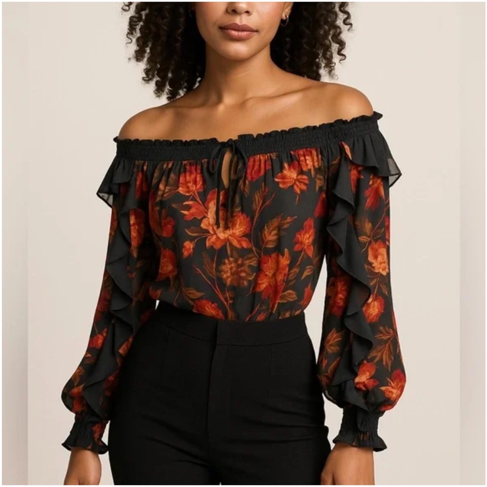 Free People Black and Red Floral Off-Shoulder Blouse NWT